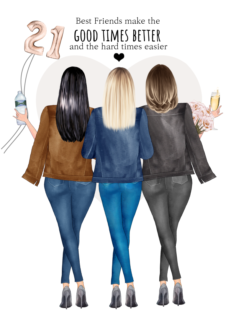 Personalisiertes Geschenk zum 21. Geburtstag für deine beste Freundin, Freundinnen, Kollegin mit 3 Frauen, Namen und Text. Poster Geschenk mit Bild online gestalten.