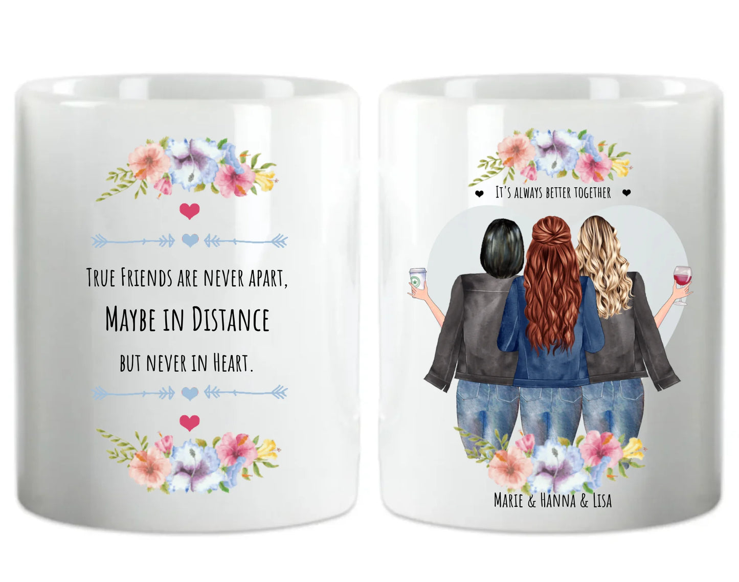 Geschenkidee Tasse mit 3 Freundinnen Motiv, komplett anpassbar mit Frisur, Outfit, Namen und Spruch.