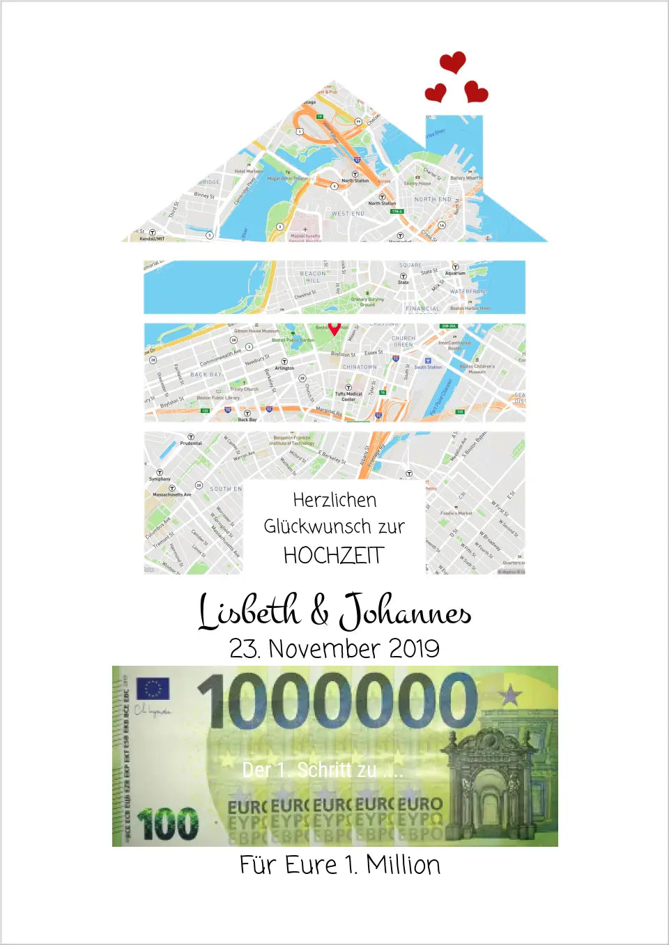 Personalisiertes Geldgeschenk mit Hausmotiv zur Hochzeit "Für Eure 1. Million" Koordinaten - tandortkarte