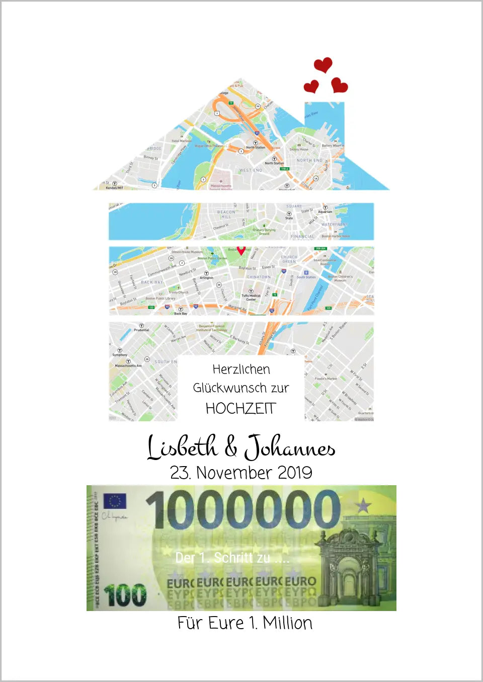 Personalisiertes Geldgeschenk mit Hausmotiv zur Hochzeit "Für Eure 1. Million" Koordinaten - tandortkarte
