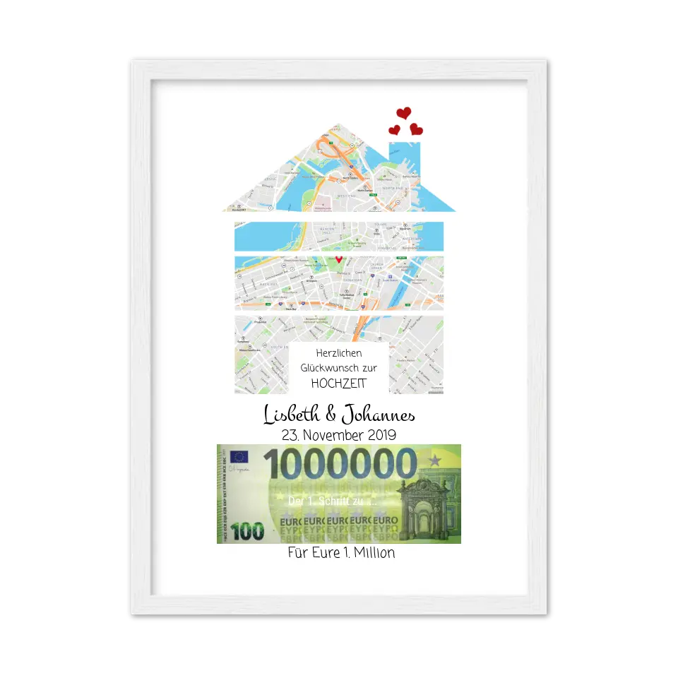 Personalisiertes Geldgeschenk mit Hausmotiv zur Hochzeit "Für Eure 1. Million" Koordinaten - tandortkarte