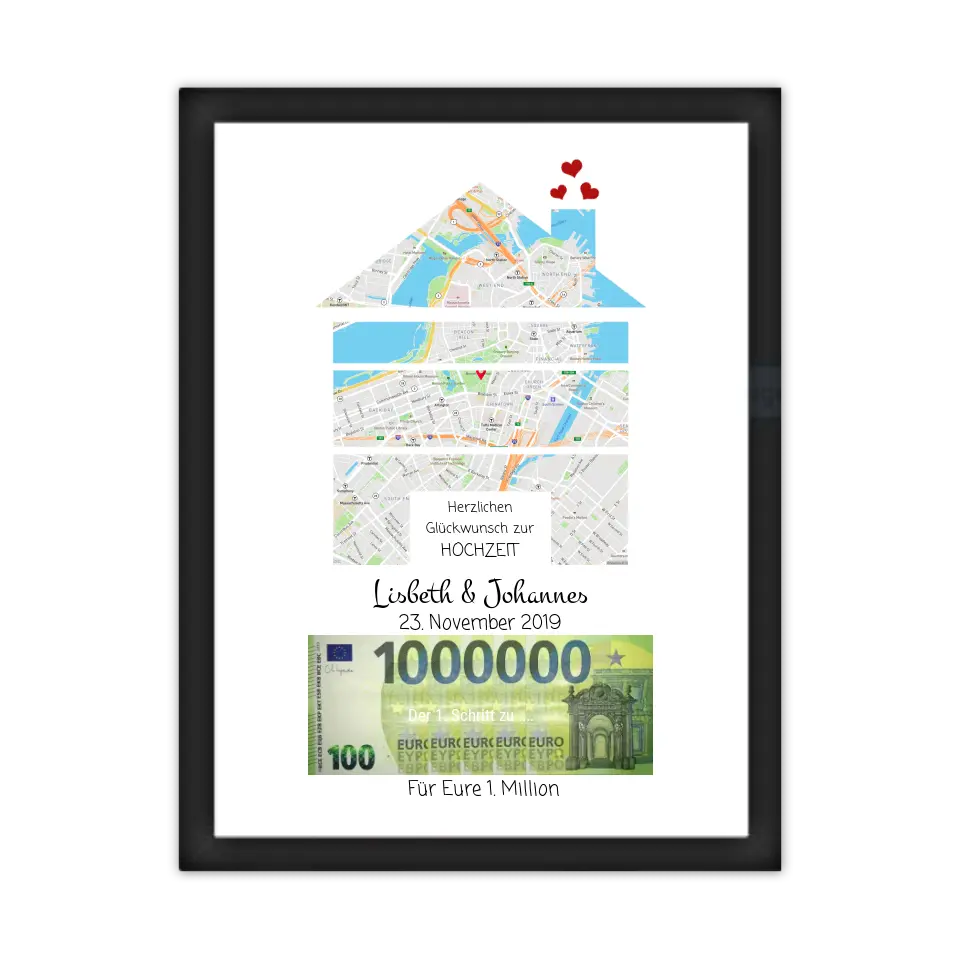 Personalisiertes Geldgeschenk mit Hausmotiv zur Hochzeit "Für Eure 1. Million" Koordinaten - tandortkarte