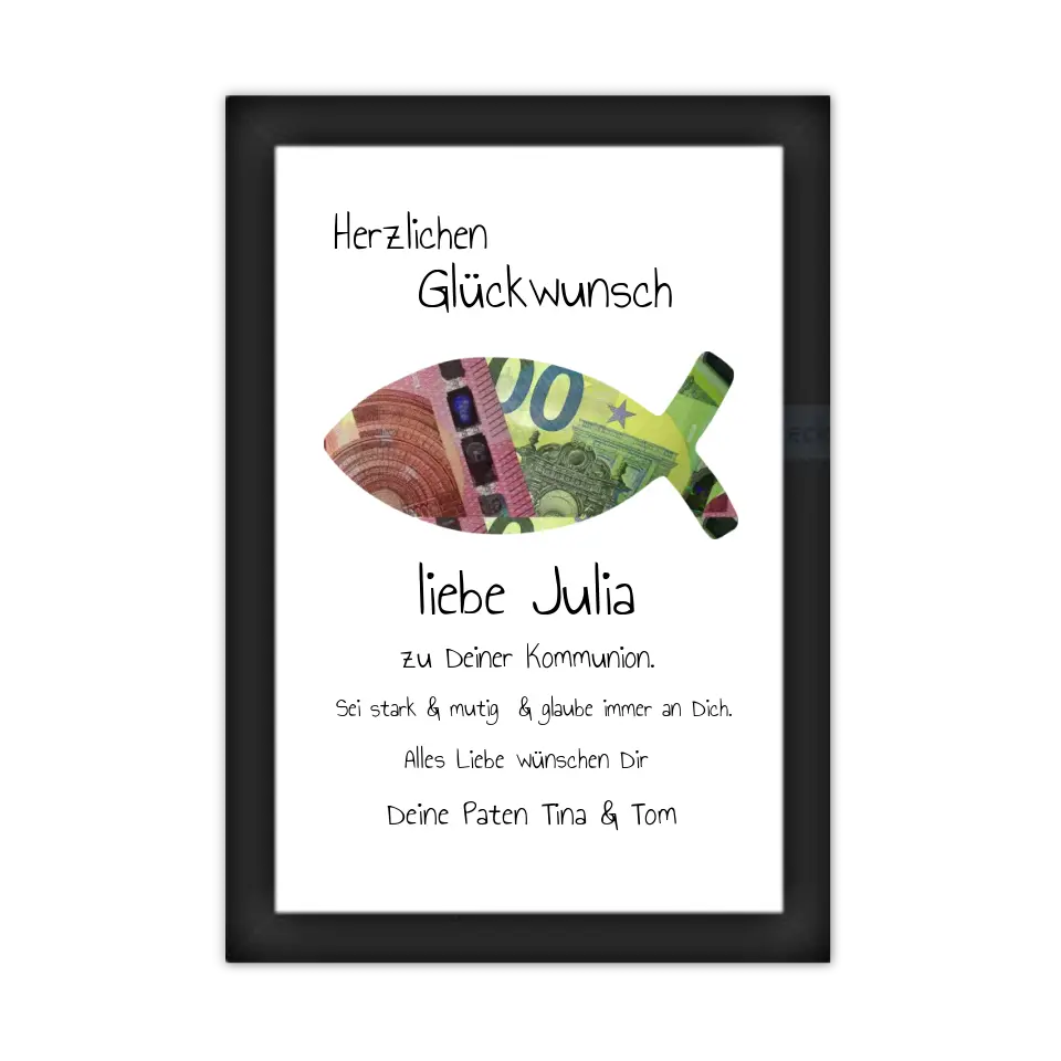 Geldgeschenk Wunscherfüller - Personalisiertes Geschenk, Geldgeschenk zum Geburtstag, Jugendweihe, Kommunion, Konfirmation, Taufe & Geburt -Fisch zum selberausschneiden Gerahmtes Poster schwarz Holzflair Schwarz