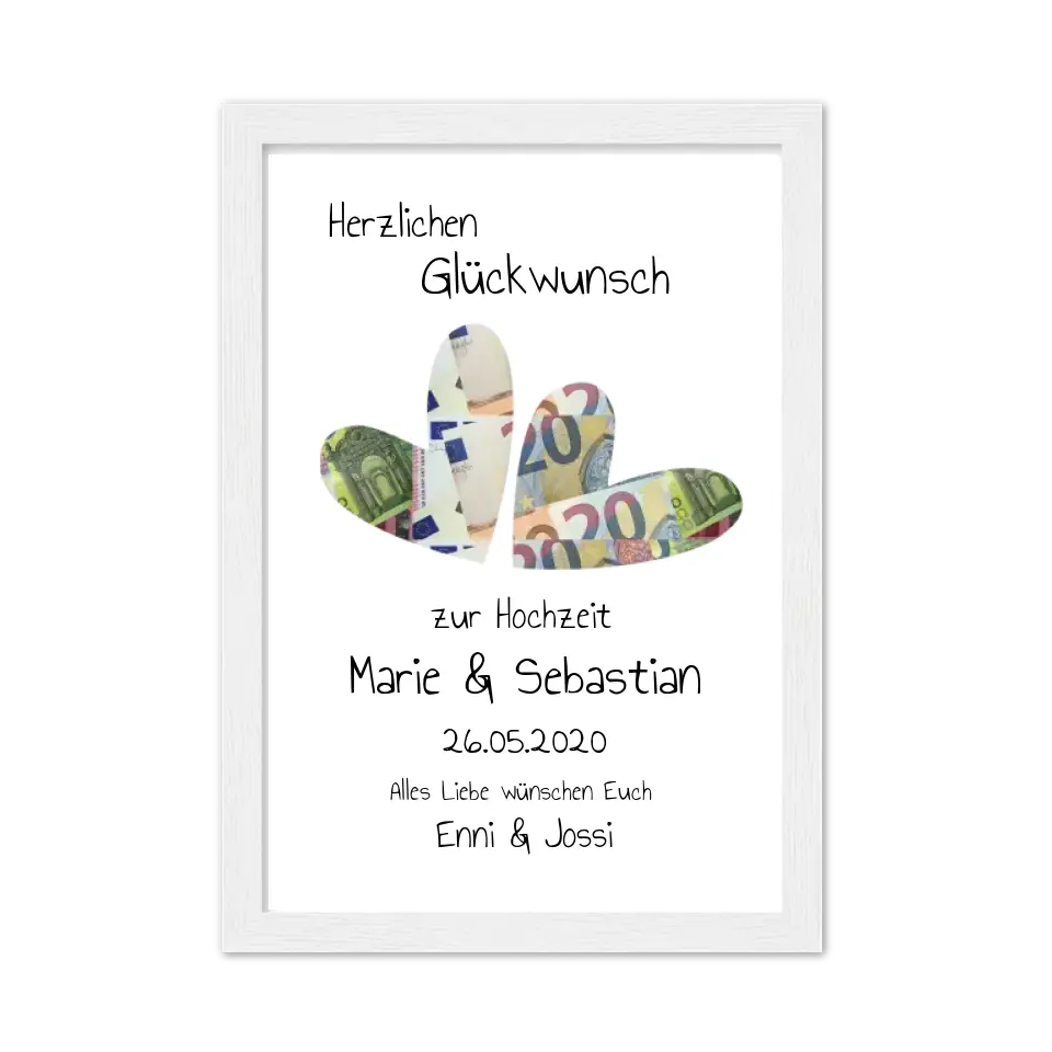2 Herzen Geldgeschenk, Personalisiertes Geschenk, Herzen Geldgeschenk zur Hochzeit, Hochzeitsgeschenk, Herzmotiv zum ausschneiden