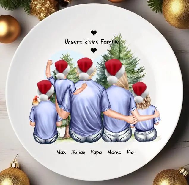 Adventsteller / Weihnachtsteller mit Mama & Papa und 3 Kindern personalisiert mit Namen, Spruch und Kleidung - Personalisiertes Nikolausgeschenk & Weihnachtsgeschenk & Geburtstagsgeschenk