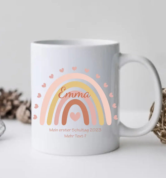 Regenbogentasse mit Wunschtext & Namen - Personalisierte Tasse Geschenk, Geburtstagsgeschenk, Weihnachtstasse, Nikolaustasse, rosa
