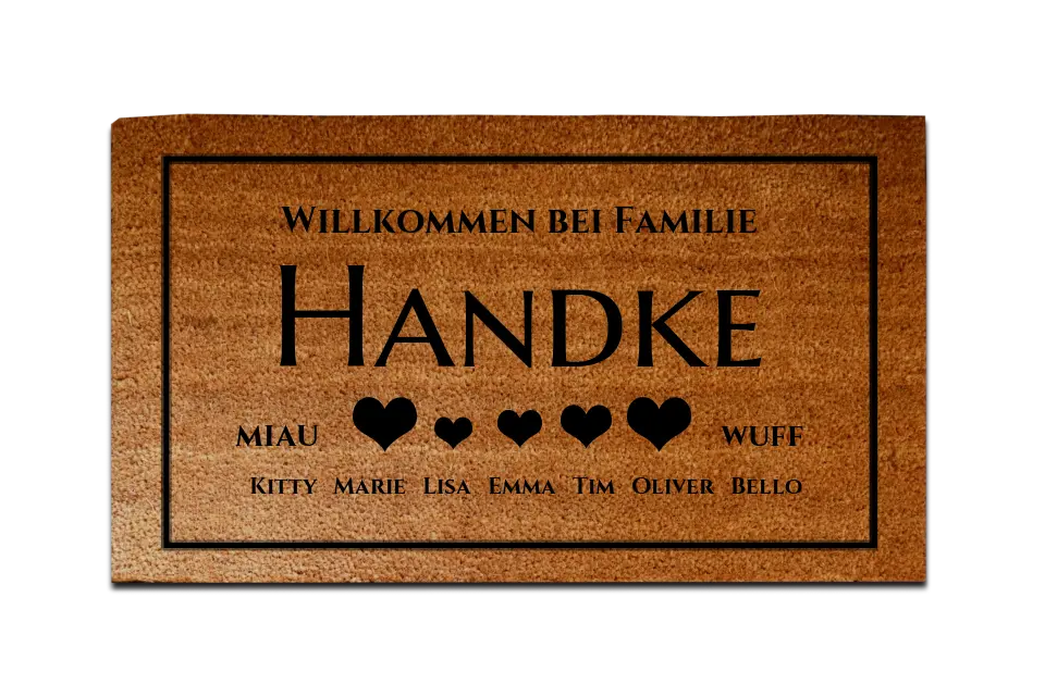 Personalisierte Fußmatte Familie 5 Personen Haushalt mit / ohne Haustiere, 40 x 70 cm, Kokosfaser-Fußmatte gelasert