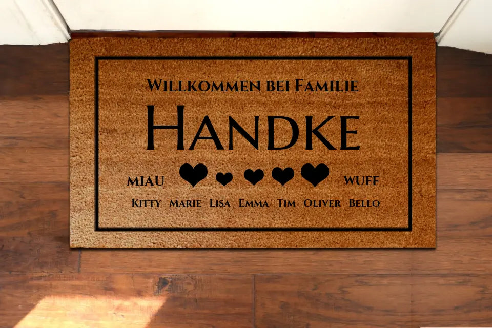 Personalisierte Fußmatte Familie 5 Personen Haushalt mit / ohne Haustiere, 40 x 70 cm, Kokosfaser-Fußmatte gelasert