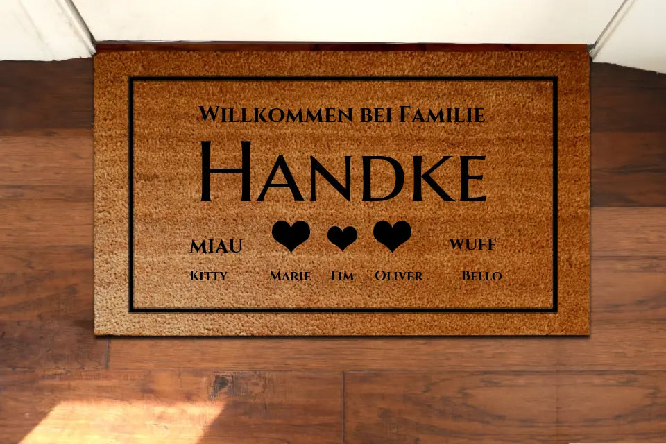 Personalisierte Fußmatte Familie 3 Personen Haushalt mit / ohne Haustiere, 40 x 70 cm, Kokosfaser-Fußmatte gelasert