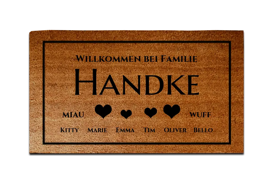 Personalisierte Fußmatte Familie 4 Personen Haushalt mit / ohne Haustiere, 40 x 70 cm, Kokosfaser-Fußmatte gelasert