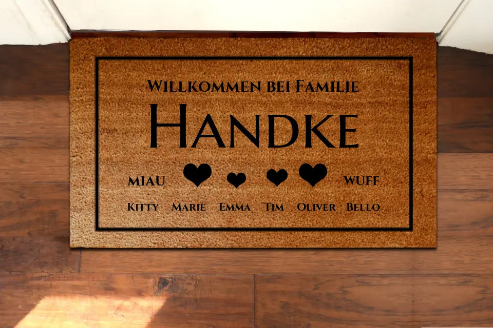 Personalisierte Fußmatte Familie 4 Personen Haushalt mit / ohne Haustiere, 40 x 70 cm, Kokosfaser-Fußmatte gelasert