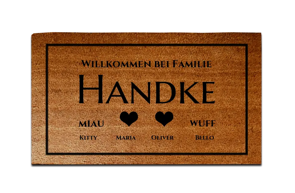 Personalisierte Fußmatte Familie 2 Personen Haushalt mit / ohne Haustiere, 40 x 70 cm, Kokosfaser-Fußmatte gelasert