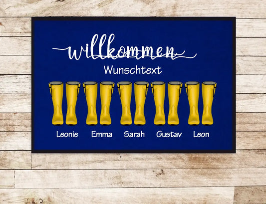 Personalisierte Fußmatte Geschenk Familie Fußabstreicher Gummistiefel mit Name Familienmitglieder Wunschtext Fußmatte 60x40 + 70x50 cm mit Gummirand Blau - - Lieferung DE & AU 60x40 cm