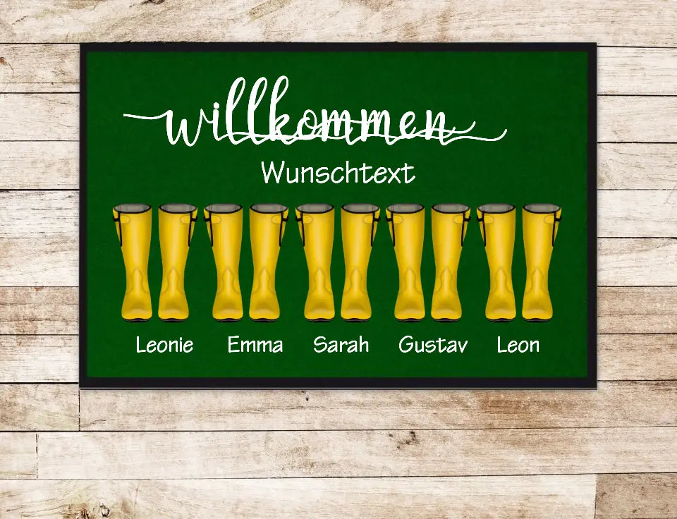 Personalisierte Fußmatte Geschenk Familie Fußabstreicher Gummistiefel mit Name Familienmitglieder Wunschtext