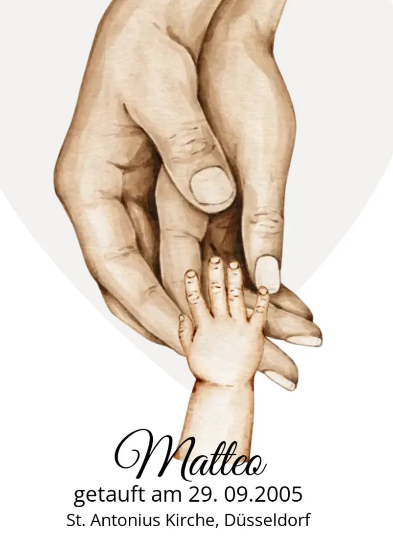 Personalisiertes Geschenk zur Geburt und Taufe mit Hände-Motiv. Elternhände mit Babyhand, mit Namen, Geburtsdaten oder Taufort personalisierbar. Einzigartiges und persönliches Geburtsgeschenk und Taufgeschenk an die neuen Eltern. Perfekt auch als Geburtsanzeige zur Babyzimmerdekoration.