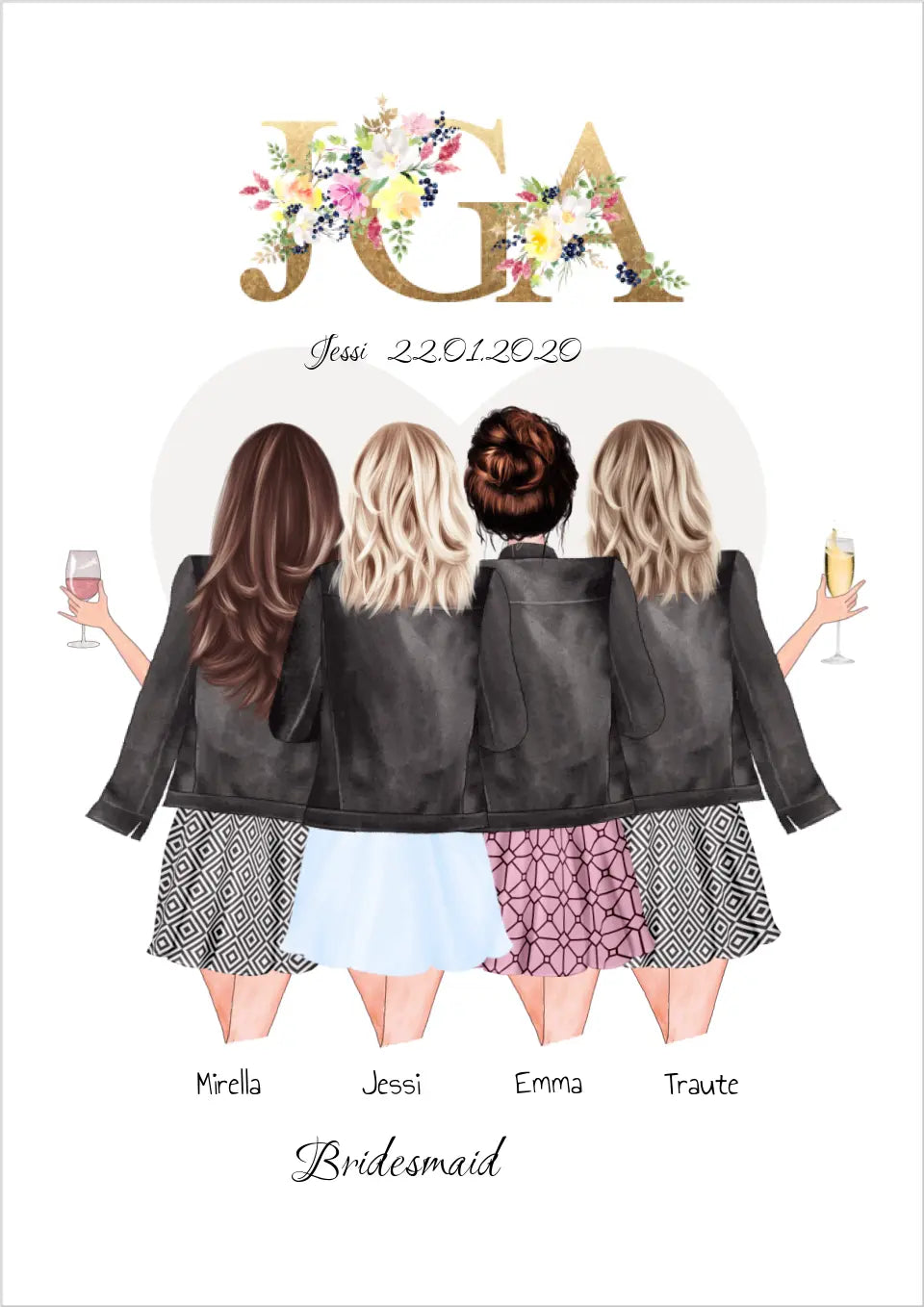 Team Braut, Junggesellinnenabschied Geschenk Personalisiert, JGA Poster, Bridesmaids, Braut Geschenk 4 Freundinnen !!! Digitale Datei zum Selberdrucken - kein Poster !!! Digitale Datei zum Selberdrucken - kein Poster A4 A3 A2