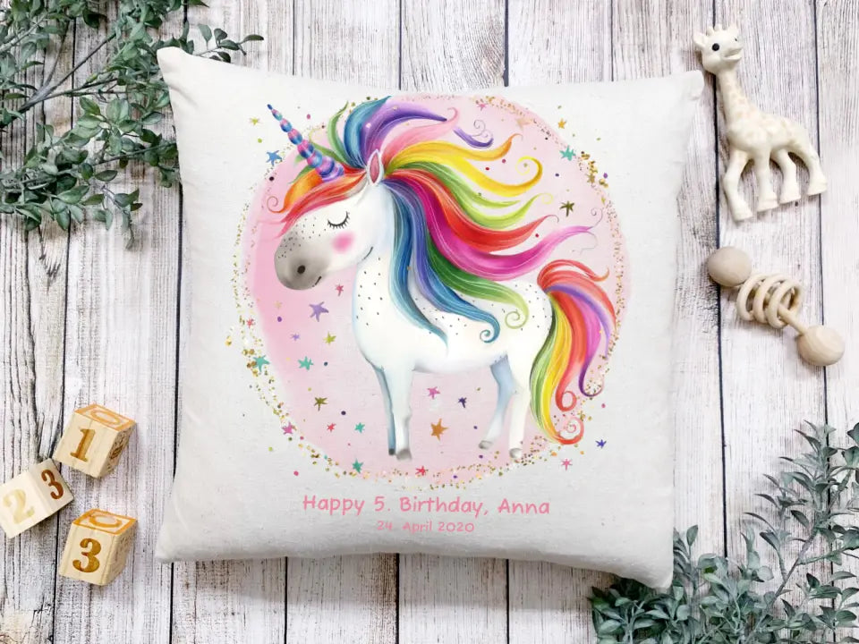 Geburtstagsgeschenk Einschulungsgeschenk Weihnachtsgeschenk Deko Kinderkissen mit Einhorn Motiv und Wunschtext | Kinderzimmer Deko Kissen