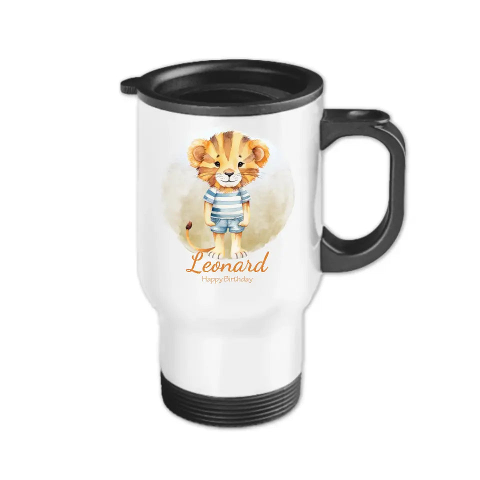 Personalisierter Becher aus Edelstahl mit Löwe, Namen und Text | Kinderbecher Geschenk Einschulung & Geburtstag | Edelstahl-Thermobecher für Kinder personalisiert
