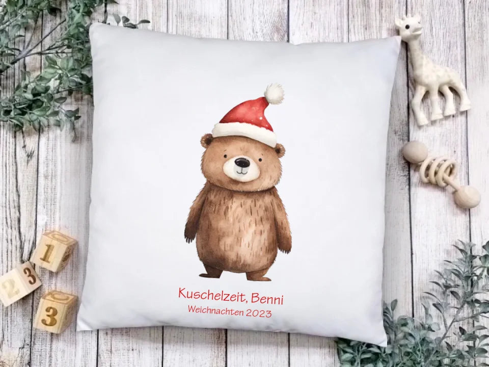 Nikolausgeschenk Weihnachtsgeschenk für Kinder Deko Kuschelkissen mit Name, Wunschtext Bär
