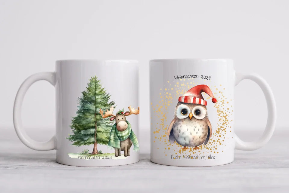 Geschenk Nikolaus, Weihnachten personalisiert - Kindertasse, Kinderbecher, Kinderteller - Nikolaustasse, Weihnachtstasse - Eule