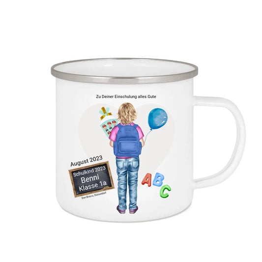 Schulanfang Kindertasse Schulkind 2025 - Emaille Kinderbecher Junge Einschulung mit Namen personalisiert - Geburtstagsgeschenke