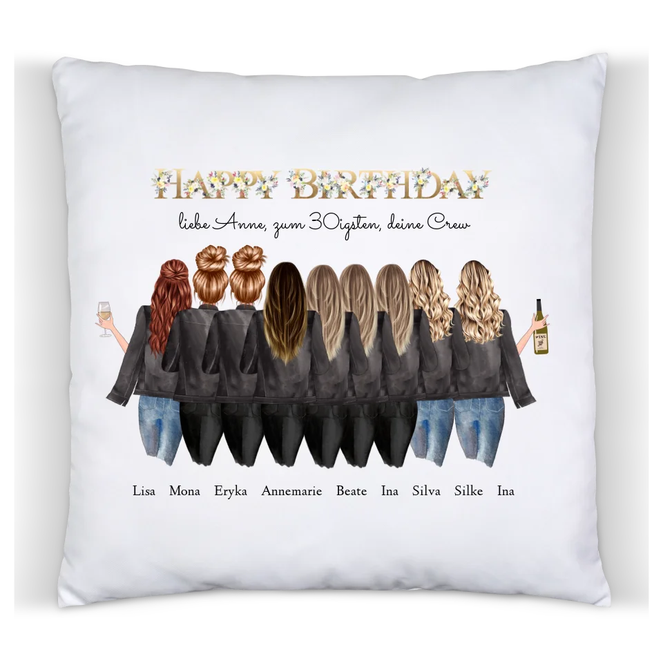 Geschenk 30 Geburtstag Freundin - Deko Kissen personalisiert mit 9 Freundinnen