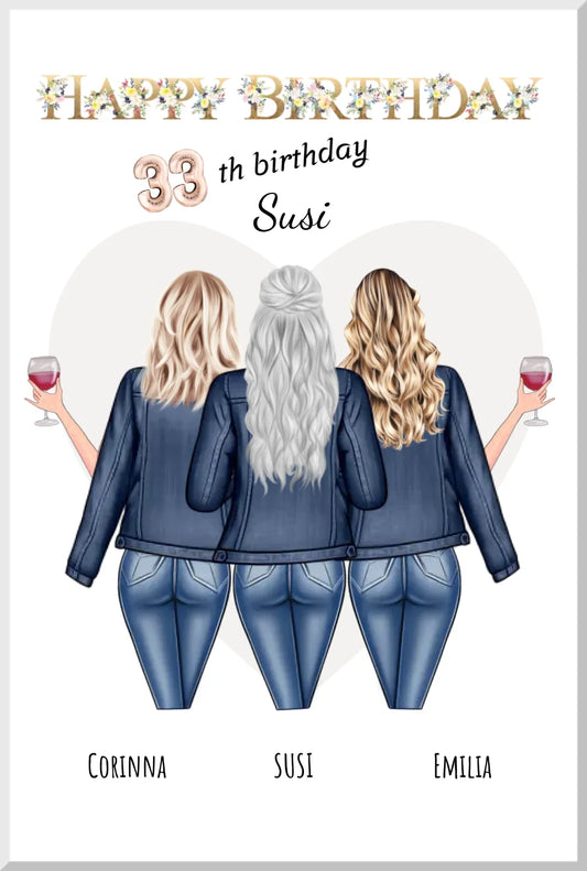 33. Geburtstag beste Freundin - personalisiertes Poster Geschenk mit 3 Freundinnen Leinwanddruck Leinwandbild
