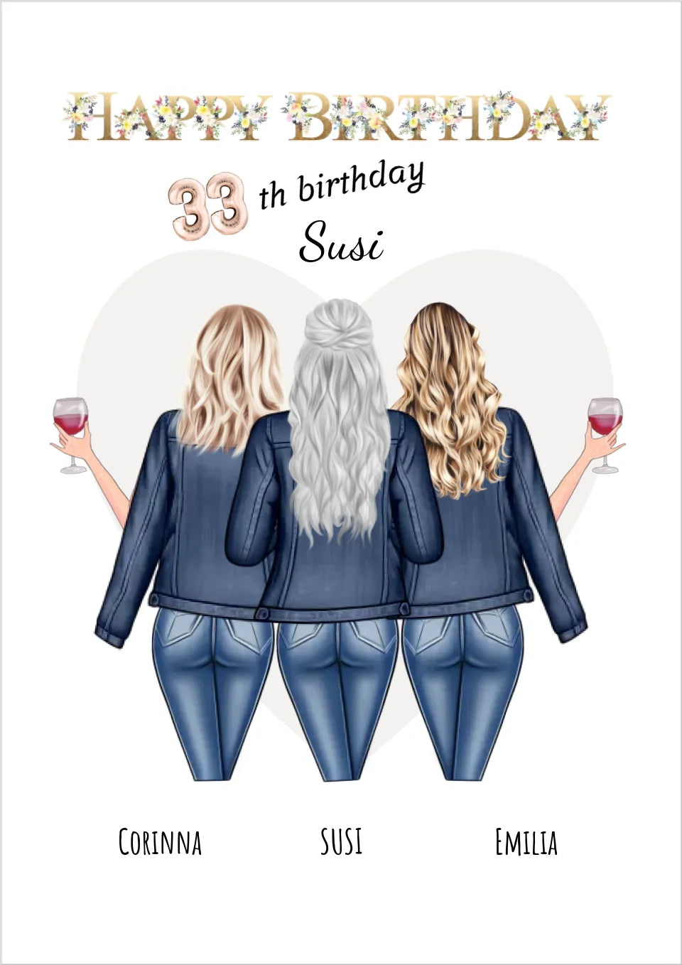 33. Geburtstag beste Freundin - personalisiertes Poster Geschenk mit 3 Freundinnen