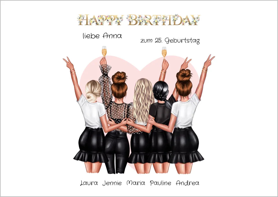 Personalisiertes Geburtstag Poster Geschenk beste Freundin | 5 Freundinnen Bild Geschenk | Glückwunsch Geschenk beste Freundin