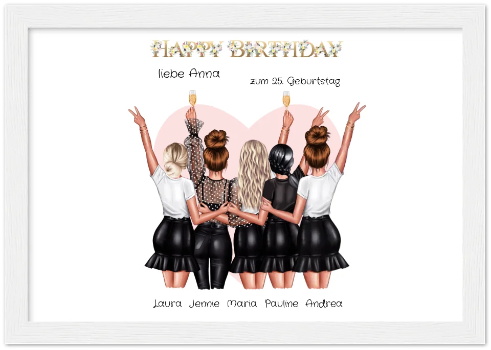 Personalisiertes Geburtstag Poster Geschenk beste Freundin | 5 Freundinnen Bild Geschenk | Glückwunsch Geschenk beste Freundin