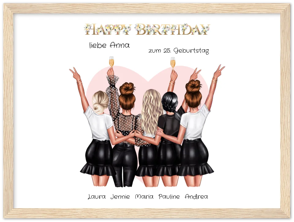 Personalisiertes Geburtstag Poster Geschenk beste Freundin | 5 Freundinnen Bild Geschenk | Glückwunsch Geschenk beste Freundin