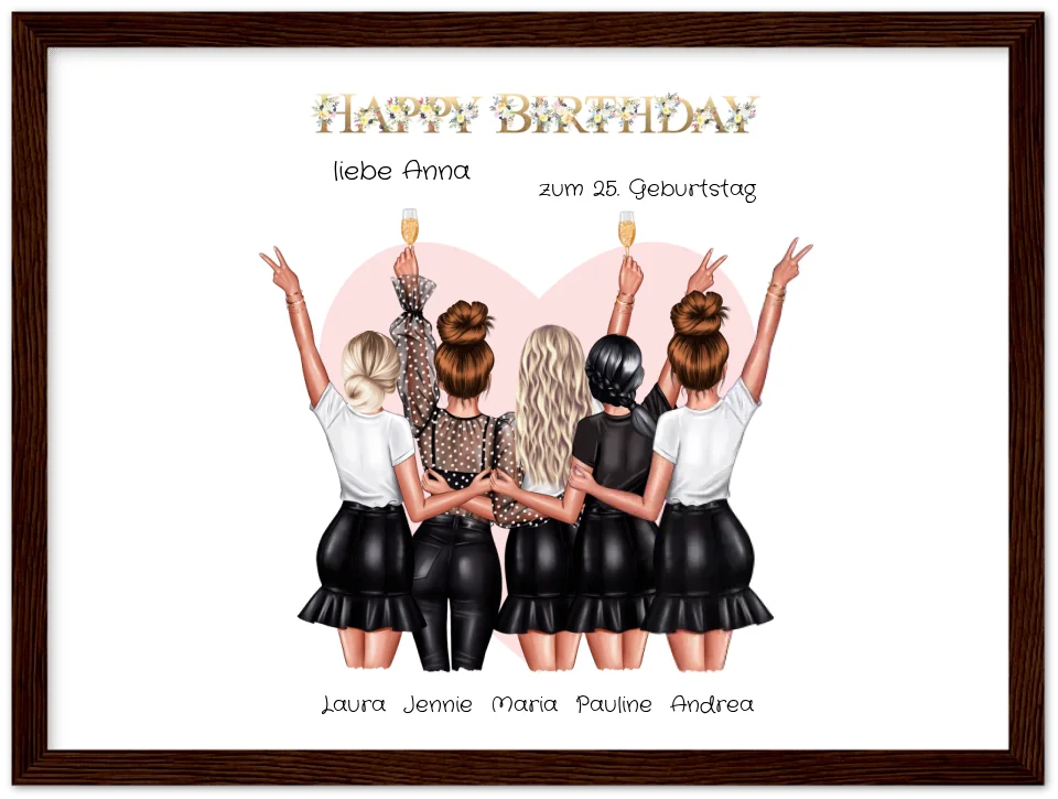 Personalisiertes Geburtstag Poster Geschenk beste Freundin | 5 Freundinnen Bild Geschenk | Glückwunsch Geschenk beste Freundin