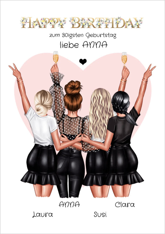 Bild & Poster Geschenk zum 30. Geburtstag deiner Freundin mit 4 Frauen.