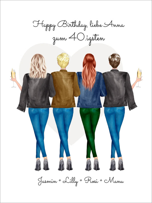 Personalisiertes Geburtstagsgeschenk für beste Freundin - 4 Freundinnen Poster mit Namen