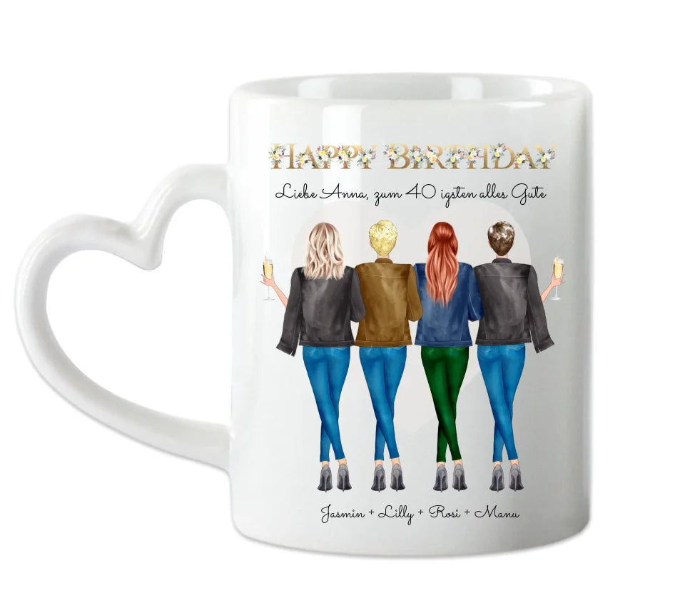 Personalisierte Tasse 40. Geburtstag Freundin - Geburtstagsgeschenk mit 4 Frauen, Freundinnen, Mädchen