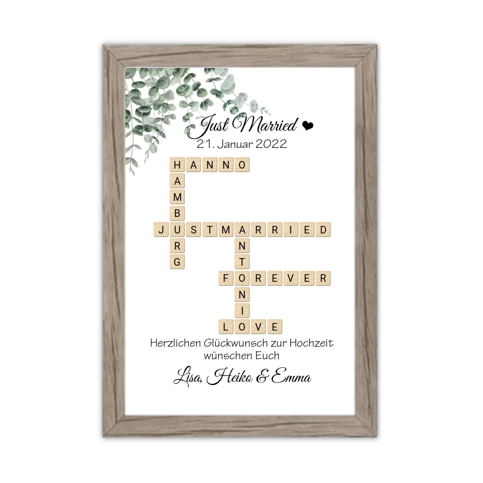 Personalisiertes Hochzeitsgeschenk im Scrabble Style mit Namen - Just Married Gerahmtes Poster Eichenflair Eichenflair