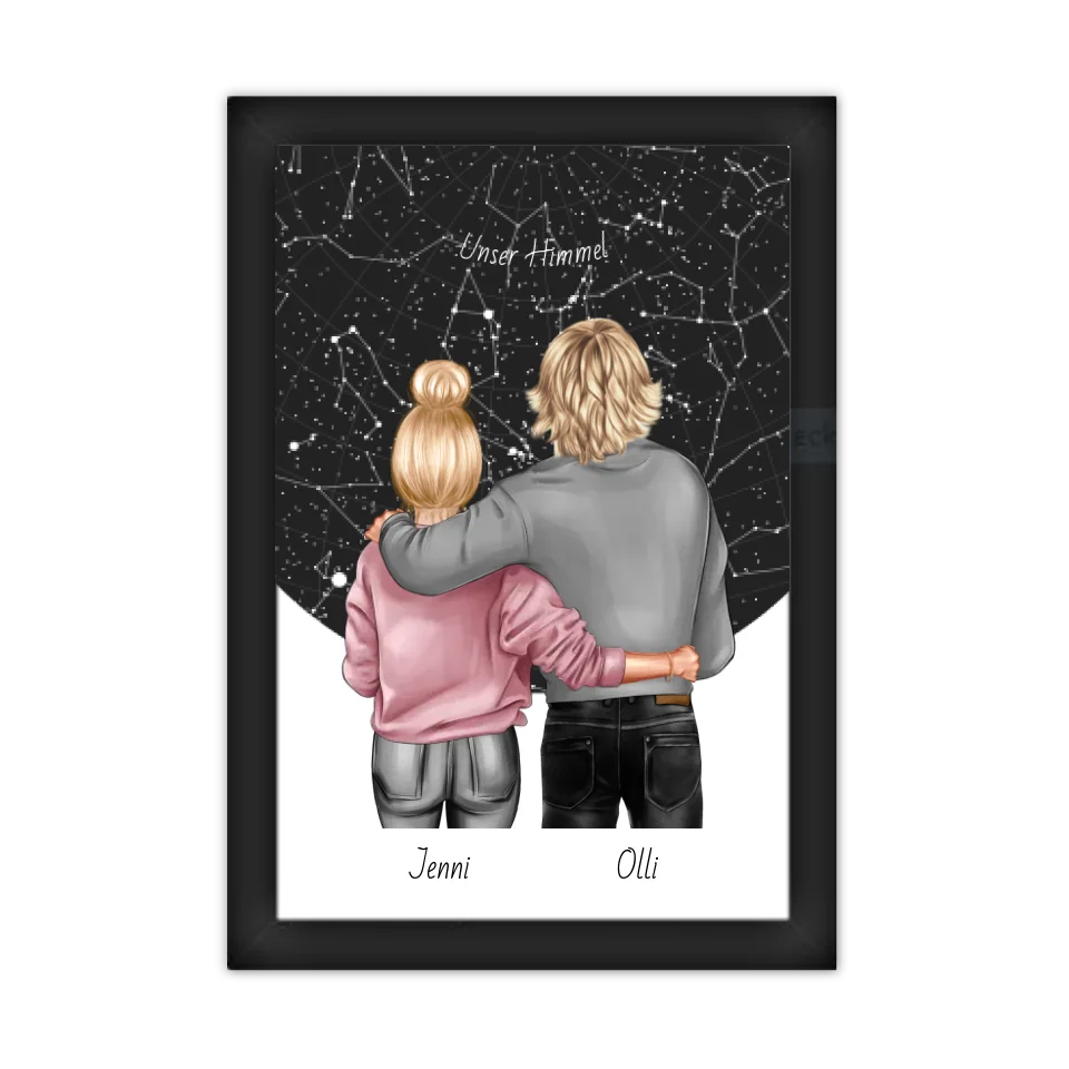 Personalisiertes Poster Geschenk Freundin / Freund - Paar Bild mit Stadtkarte / Sternenkarte - Geburtstagsgeschenk, Weihnachtsgeschenk
