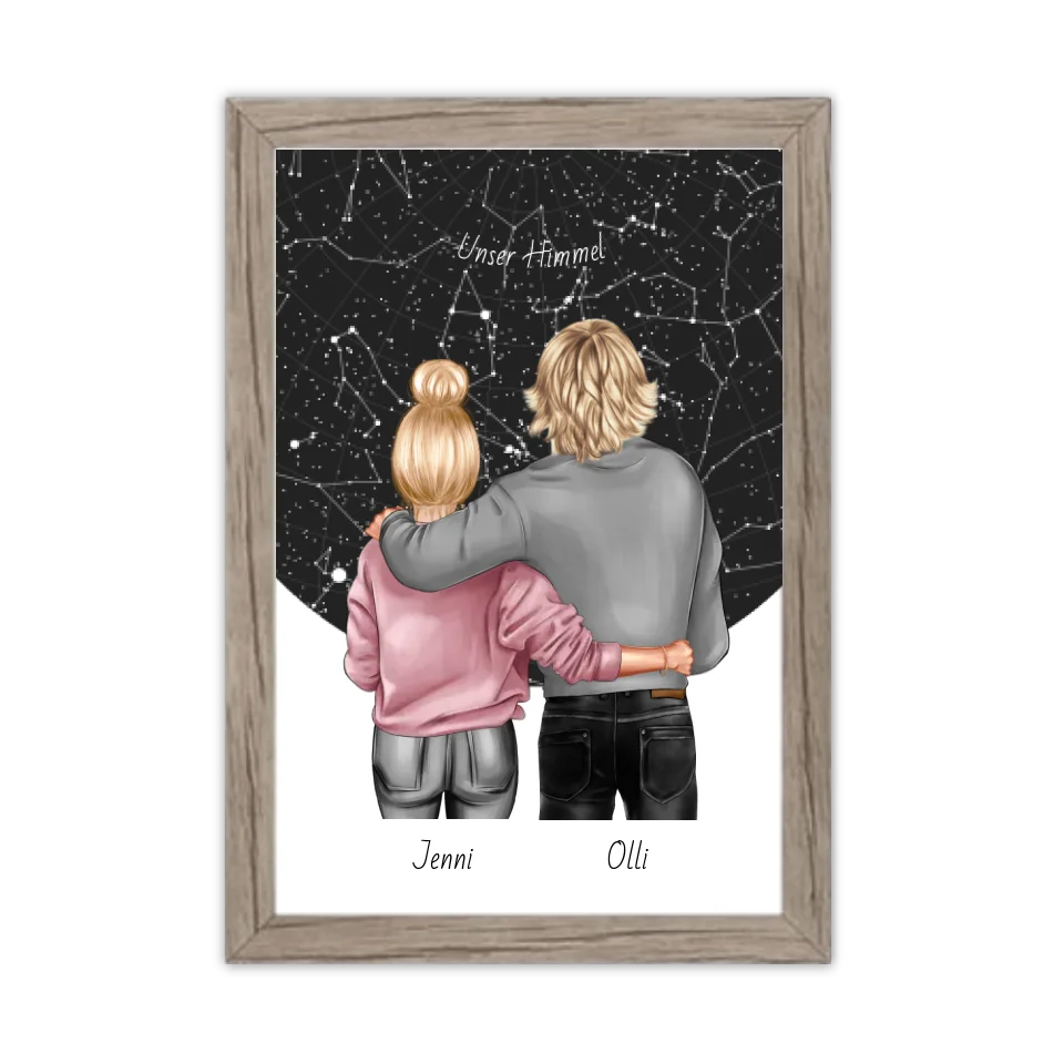 Personalisiertes Poster Geschenk Freundin / Freund - Paar Bild mit Stadtkarte / Sternenkarte - Geburtstagsgeschenk, Weihnachtsgeschenk