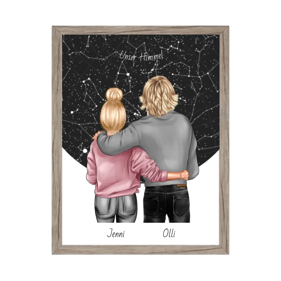 Personalisiertes Poster Geschenk Freundin / Freund - Paar Bild mit Stadtkarte / Sternenkarte - Geburtstagsgeschenk, Weihnachtsgeschenk