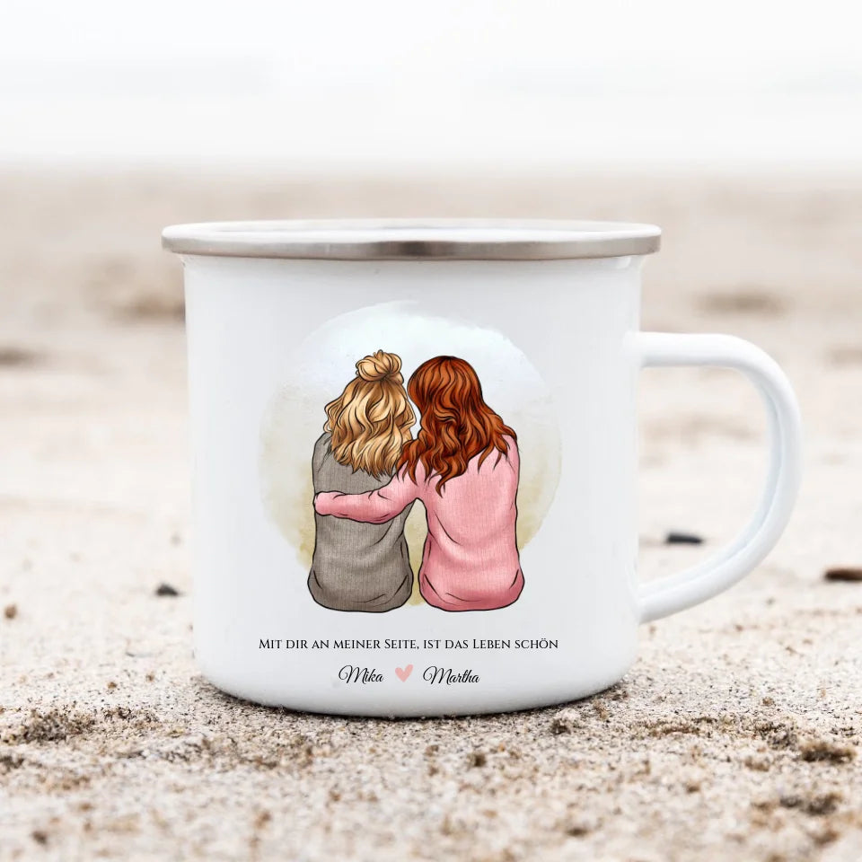 2 beste Freundinnen Geburtstagsgeschenk - Emaille Tasse Emaillebecher mit Namen personalisiert