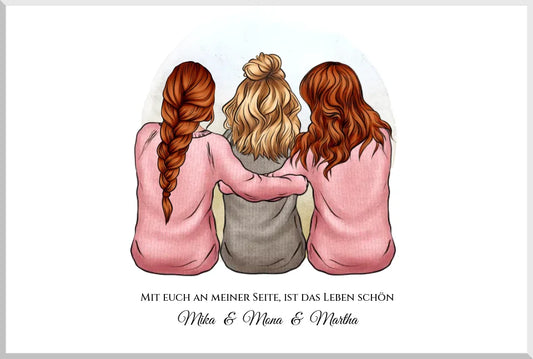 3 Freundinnen Poster mit 3 Frauen mit Frisur, Outfit, Namen und Spruch gestalten.