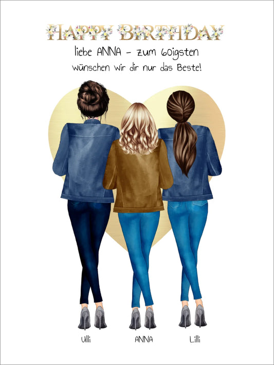 50 oder 60. Geburtstag Bild Geschenk 3 Freundinnen | Geschenk Schwester | Kollegin | Mama