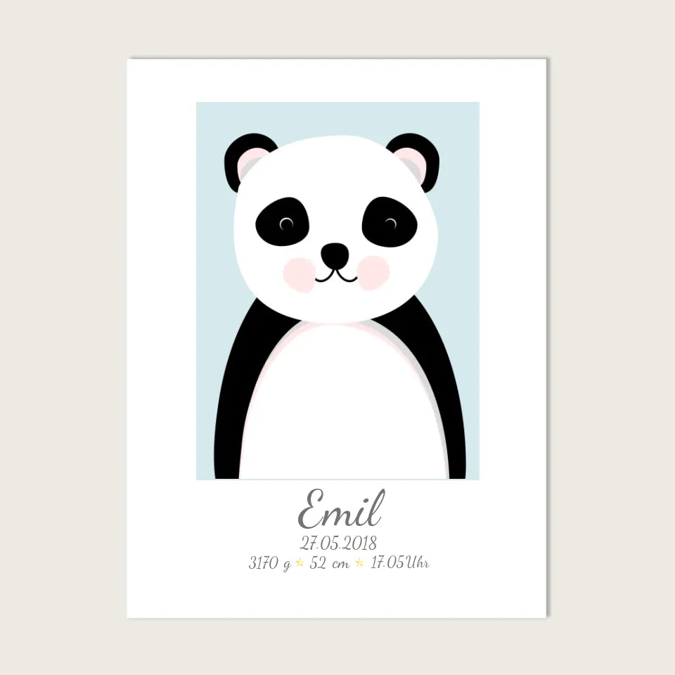 Personalisierte Geburtsanzeige Baby Tiere Panda - Mädchen / Junge mit Geburtsdaten Leinwanddruck Leinwandbild