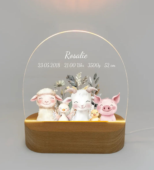 Personalisiertes Baby & Kinder LED Nachtlicht Bauernhof Tiere Geburtsdaten Geburtsgeschenk & Taufgeschenk