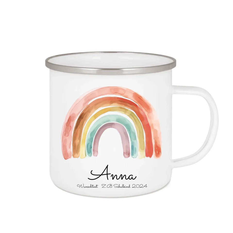 Schulanfang Kindertasse Schulkind 2024 - Emaille Kinderbecher Einschulung Regenbogen mit Namen personalisiert - Einschulungsgeschenk