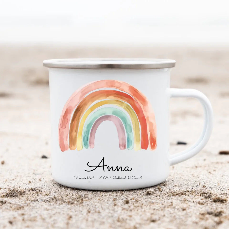 Schulanfang Kindertasse Schulkind 2024 - Emaille Kinderbecher Einschulung Regenbogen mit Namen personalisiert - Einschulungsgeschenk