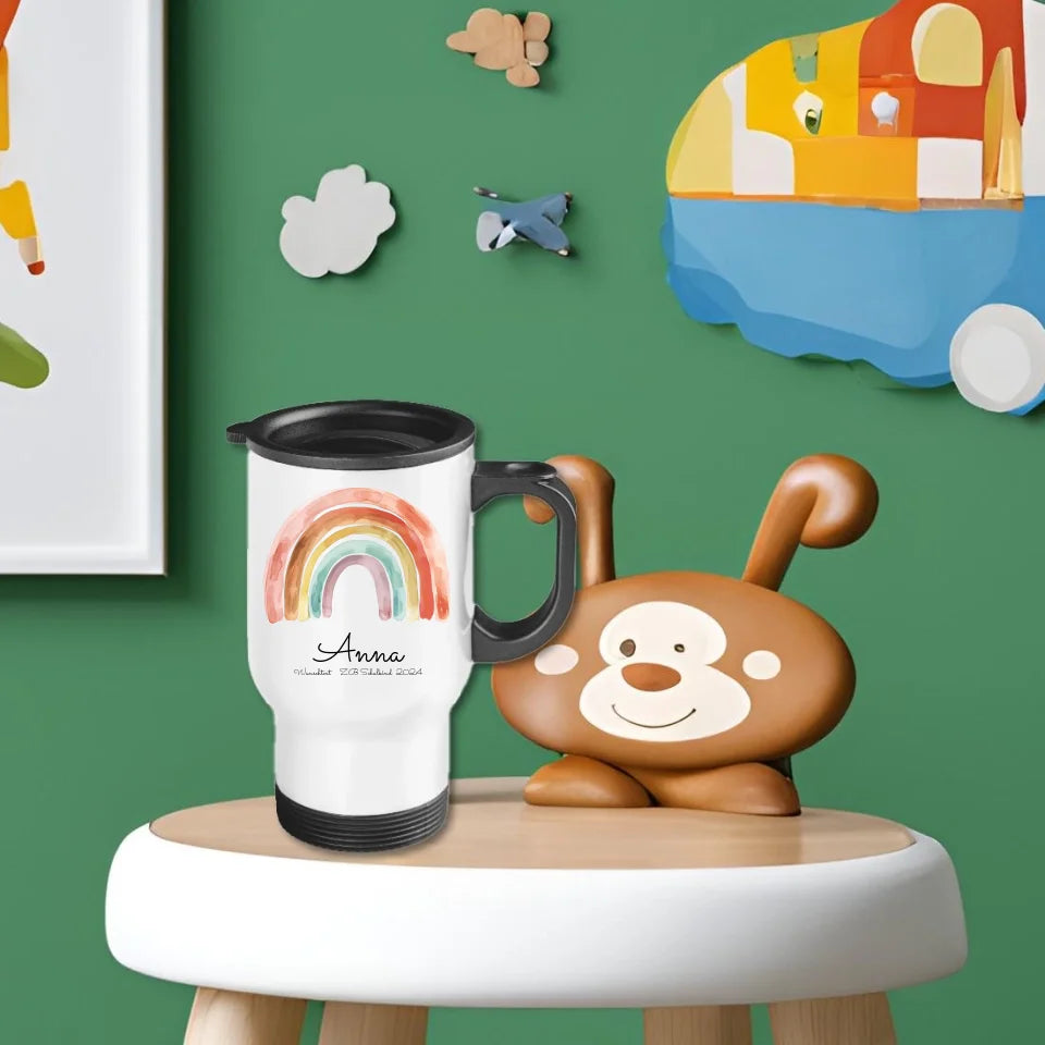 Personalisierter Becher Kinder aus Edelstahl mit Regenbogen Namen und Text | Kinderbecher Geschenk Einschulung & Geburtstag | Edelstahl-Thermobecher für Kinder personalisiert