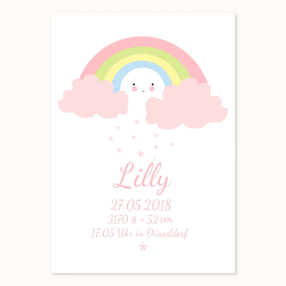 Personalisiertes Regenbogenposter - Babyposter + Geburtsanzeige als Erinnerung zur Geburt gestalten - Baby Geschenk