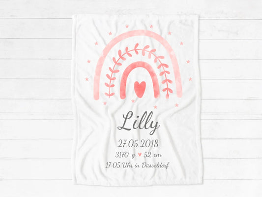 Kuscheliges Geburtsgeschenk Babydecke personalisiert, Geschenk zur Geburt, zur Taufe, Taufgeschenk, Fleecedecke mit Regenbogen