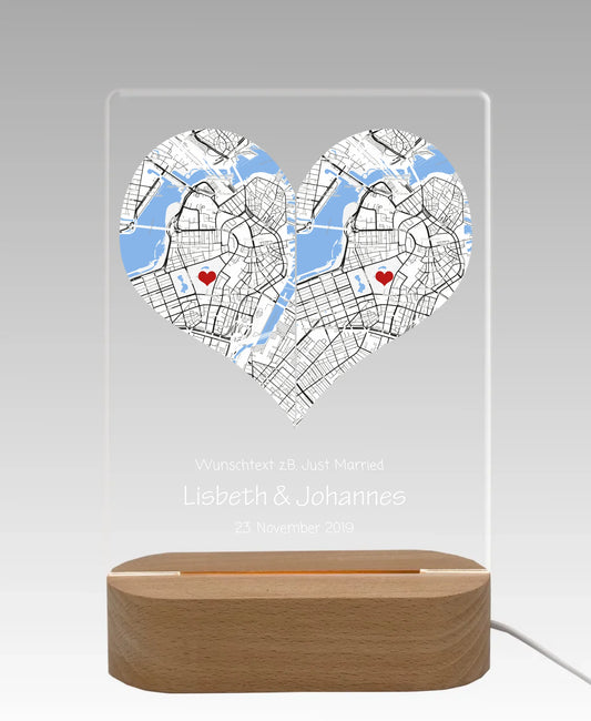 Personalisiertes LED Licht ''Wo alles begann'' | Valentinstag Geschenk | Hochzeitsgeschenk 2 Herzen | Nachtlicht